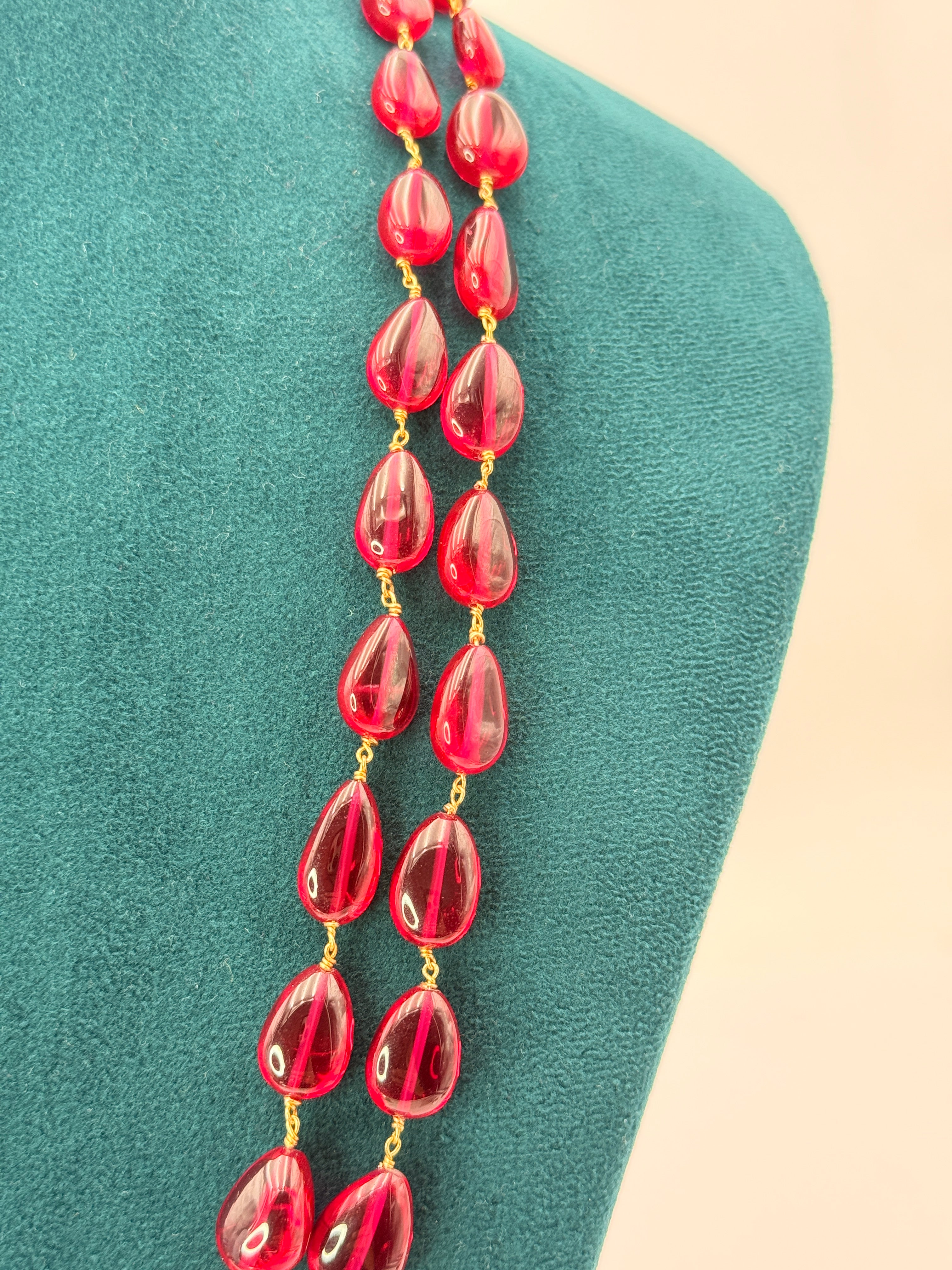 Natural Badam Shape Rubies Necklace with 92.5 Silver Connectors & Silver Kattu Teega | 21-Inch Handmade Necklace