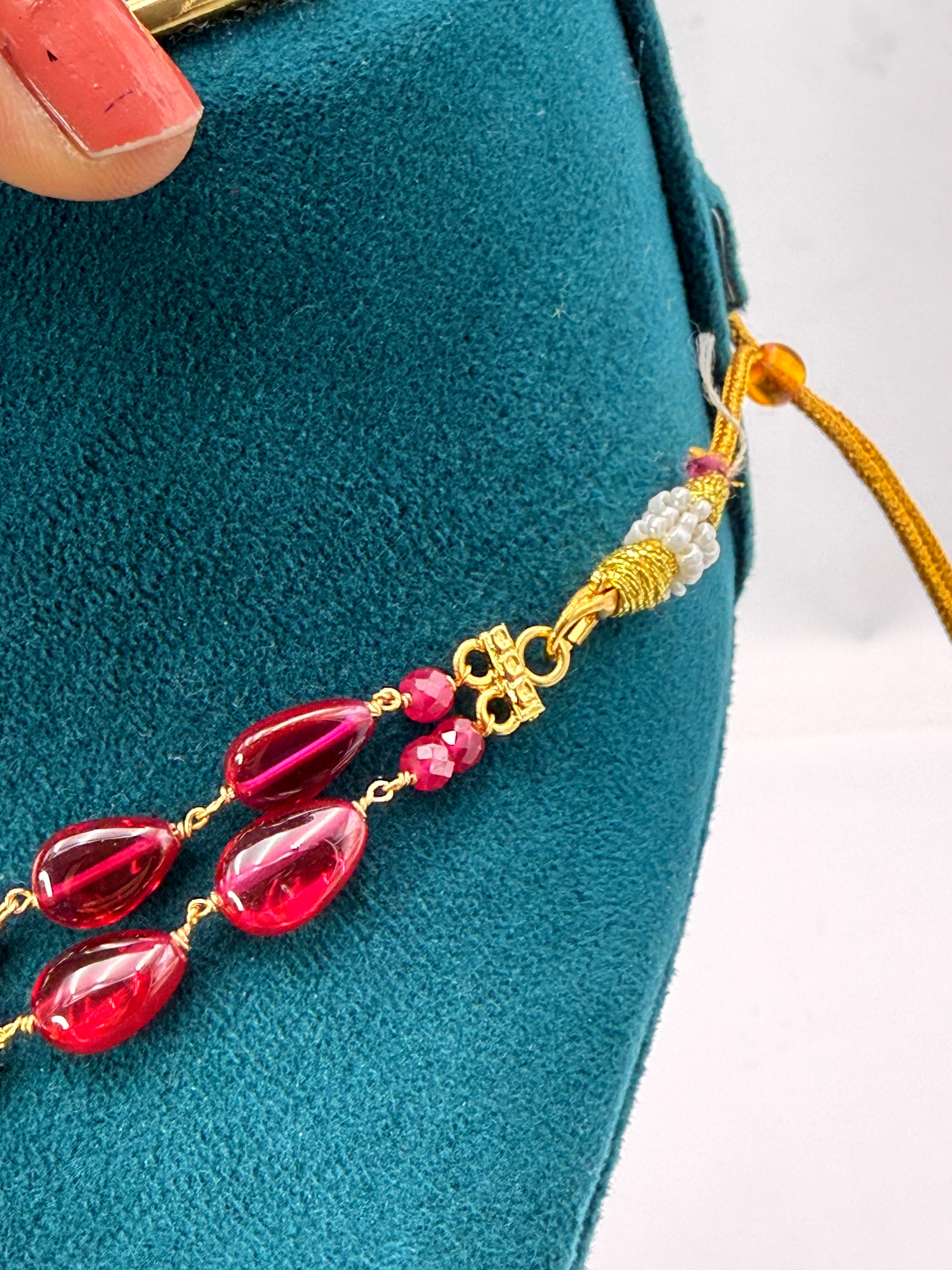 Natural Badam Shape Rubies Necklace with 92.5 Silver Connectors & Silver Kattu Teega | 21-Inch Handmade Necklace