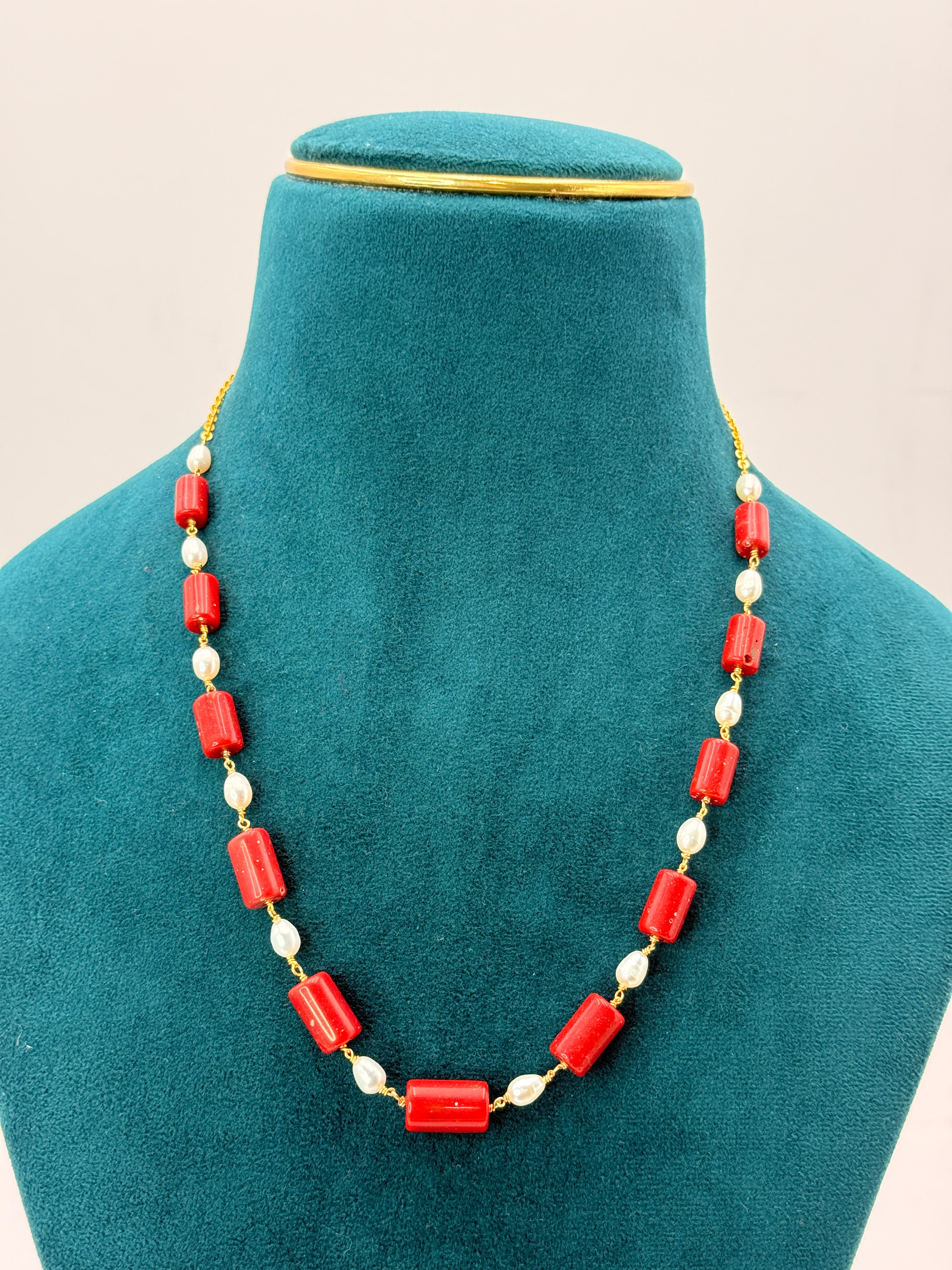 Premium Chetan Corals with Freshwater Pearls & Golden Messy Kattu Teega | 18-Inch Handmade Necklace