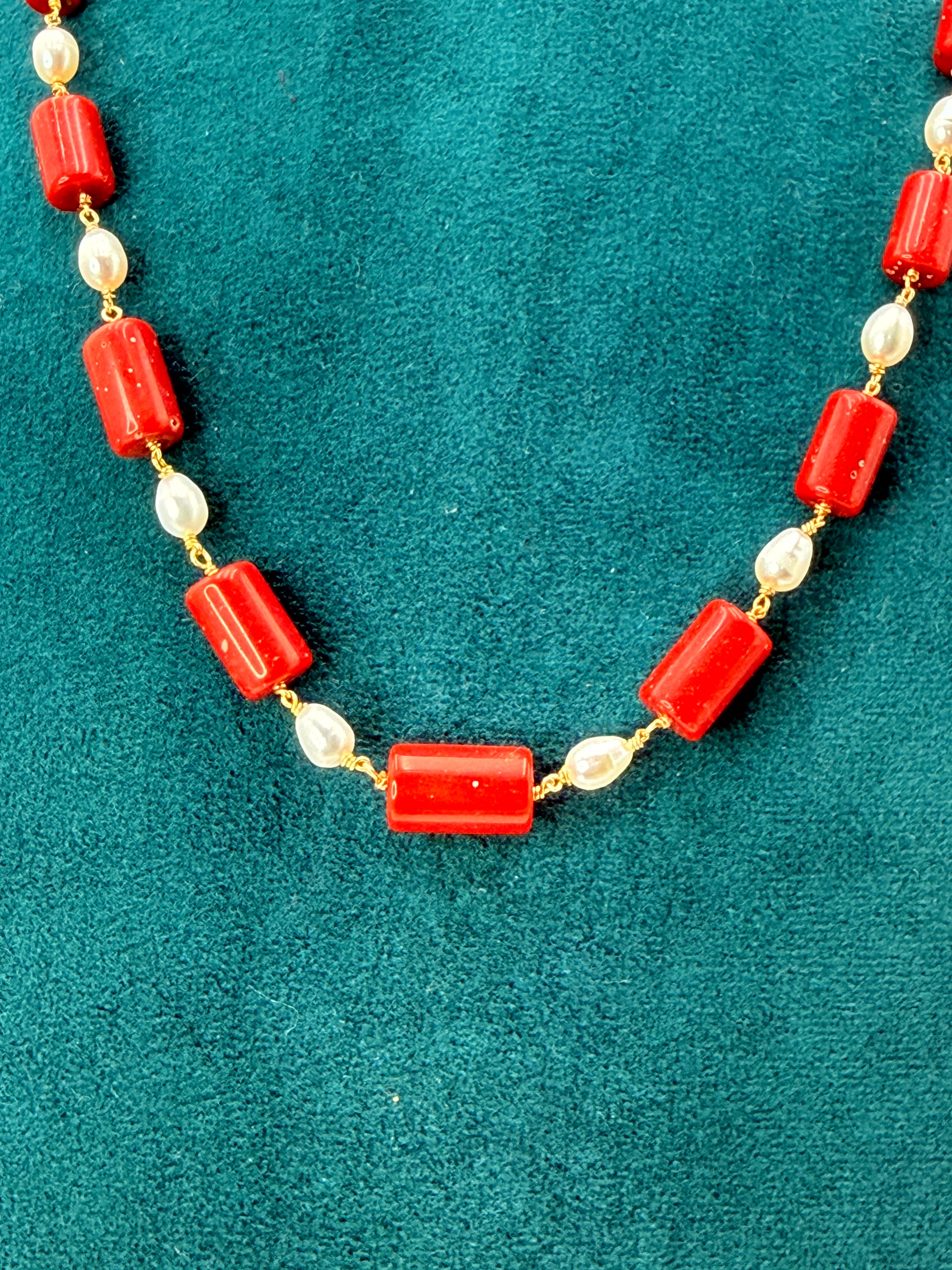 Premium Chetan Corals with Freshwater Pearls & Golden Messy Kattu Teega | 18-Inch Handmade Necklace
