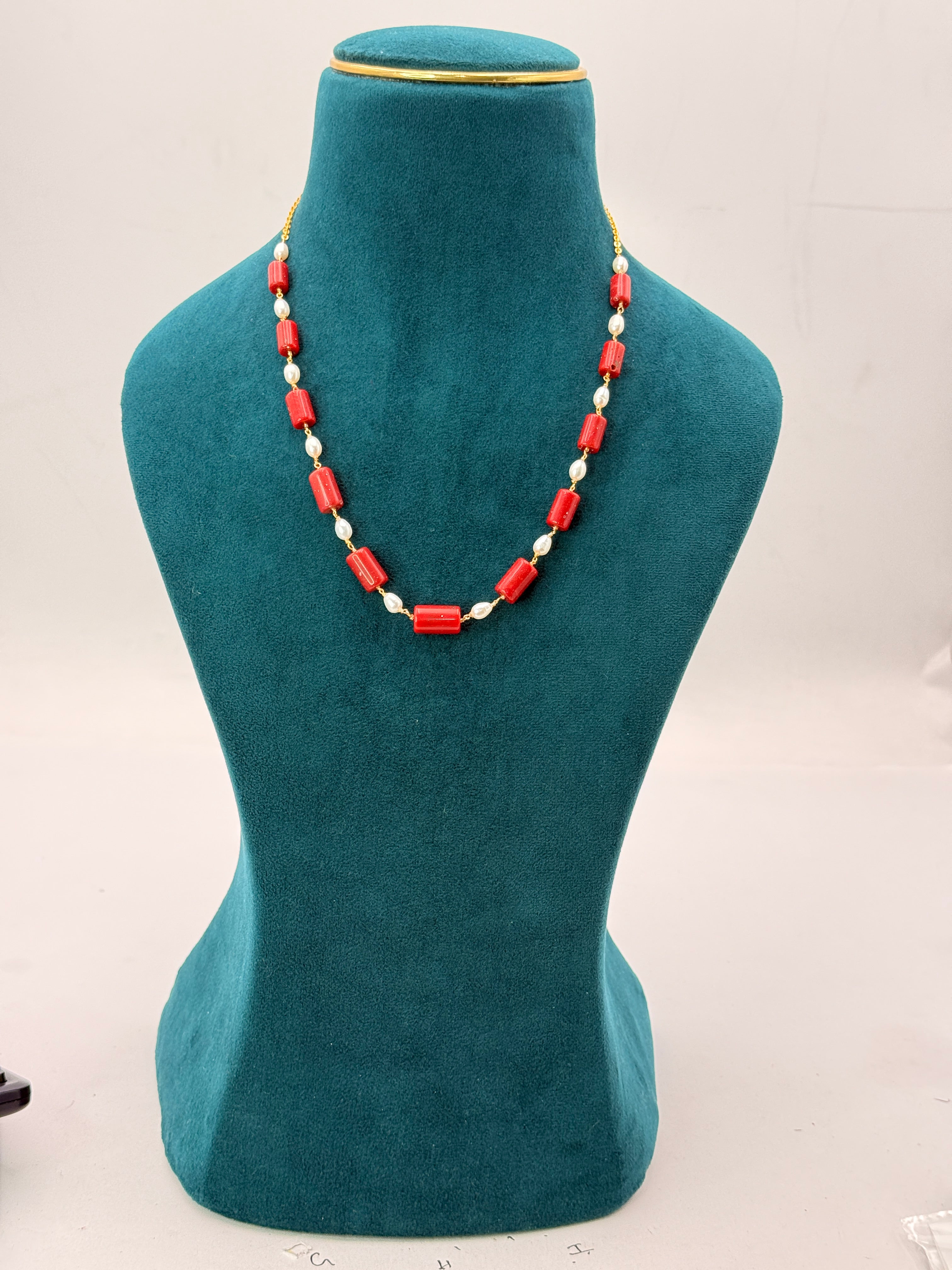Premium Chetan Corals with Freshwater Pearls & Golden Messy Kattu Teega | 18-Inch Handmade Necklace