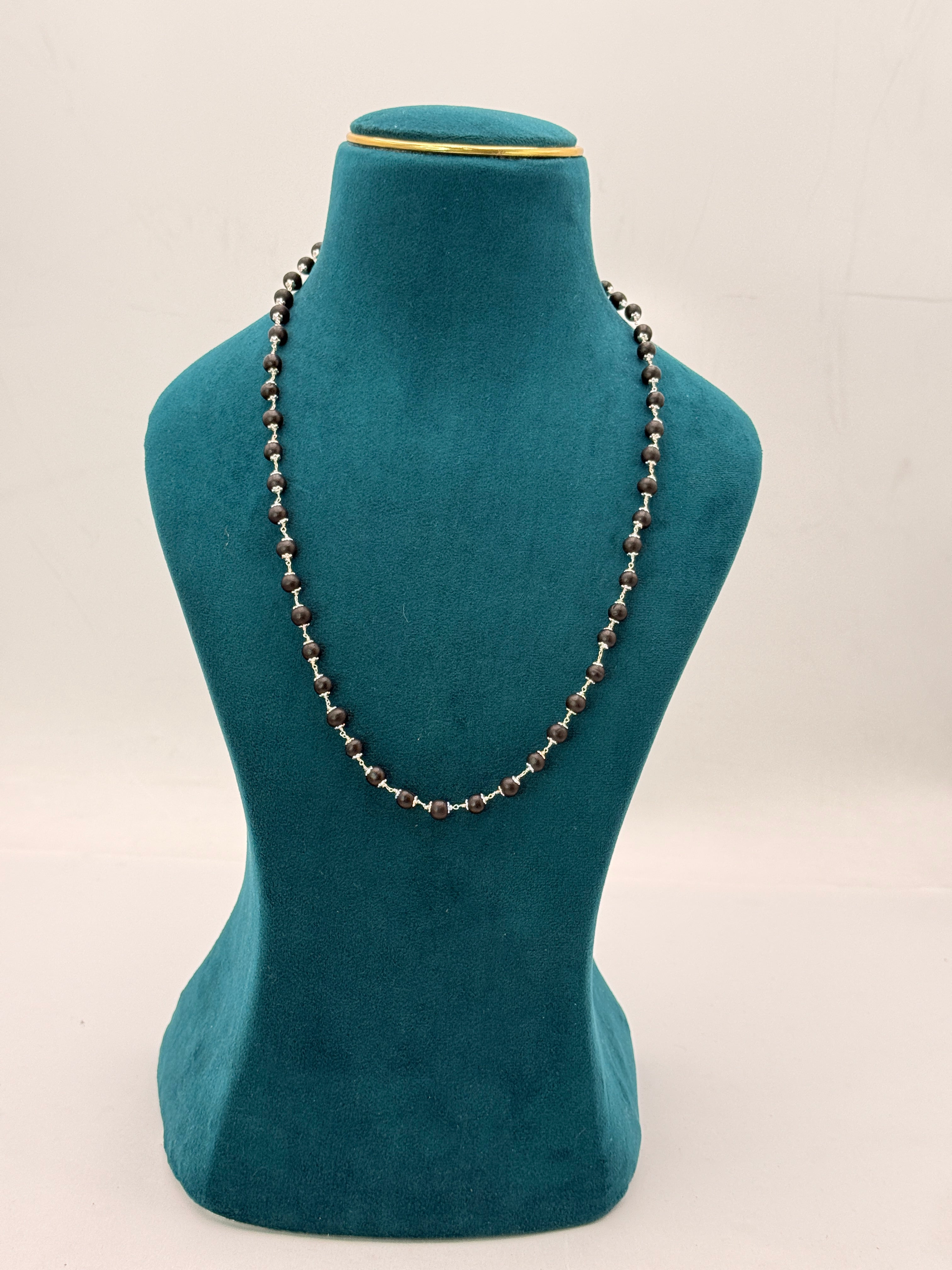 Karungali Mala with 92.5 Silver White Polish Caps | 8 mm Beads | 54 Beads | 22-Inch