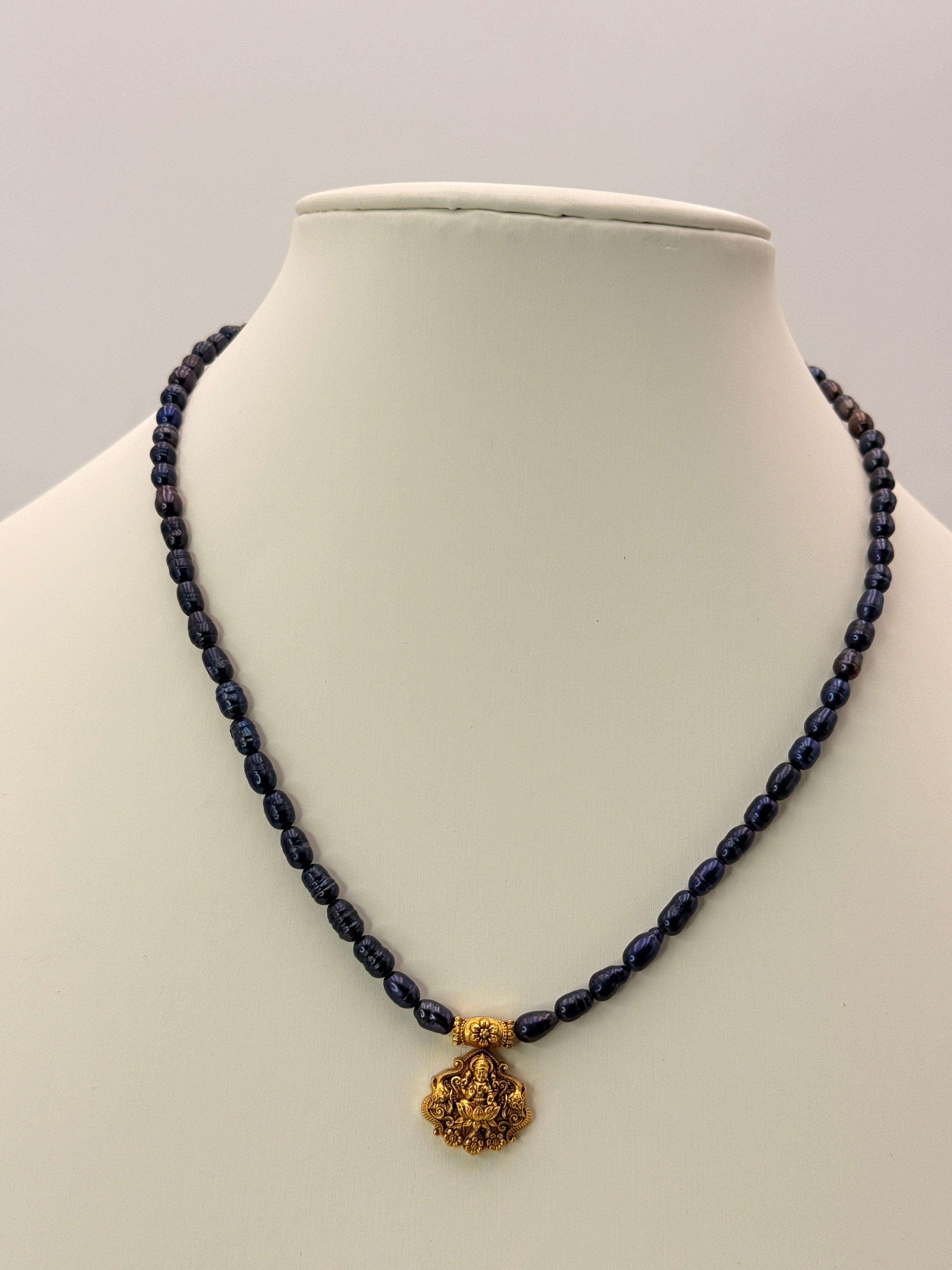 Varalakshmi Vratham Special Freshwater Blue Pearls Necklace with Gajalakshmi Silver Locket | 16 Inches