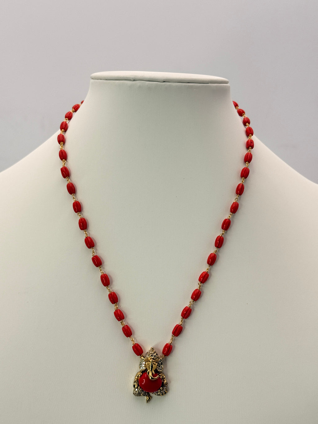 Premium Real Taiwan Coral Necklace with Coral Ganapathi Locket | Handmade Traditional Necklace | 17 Inches