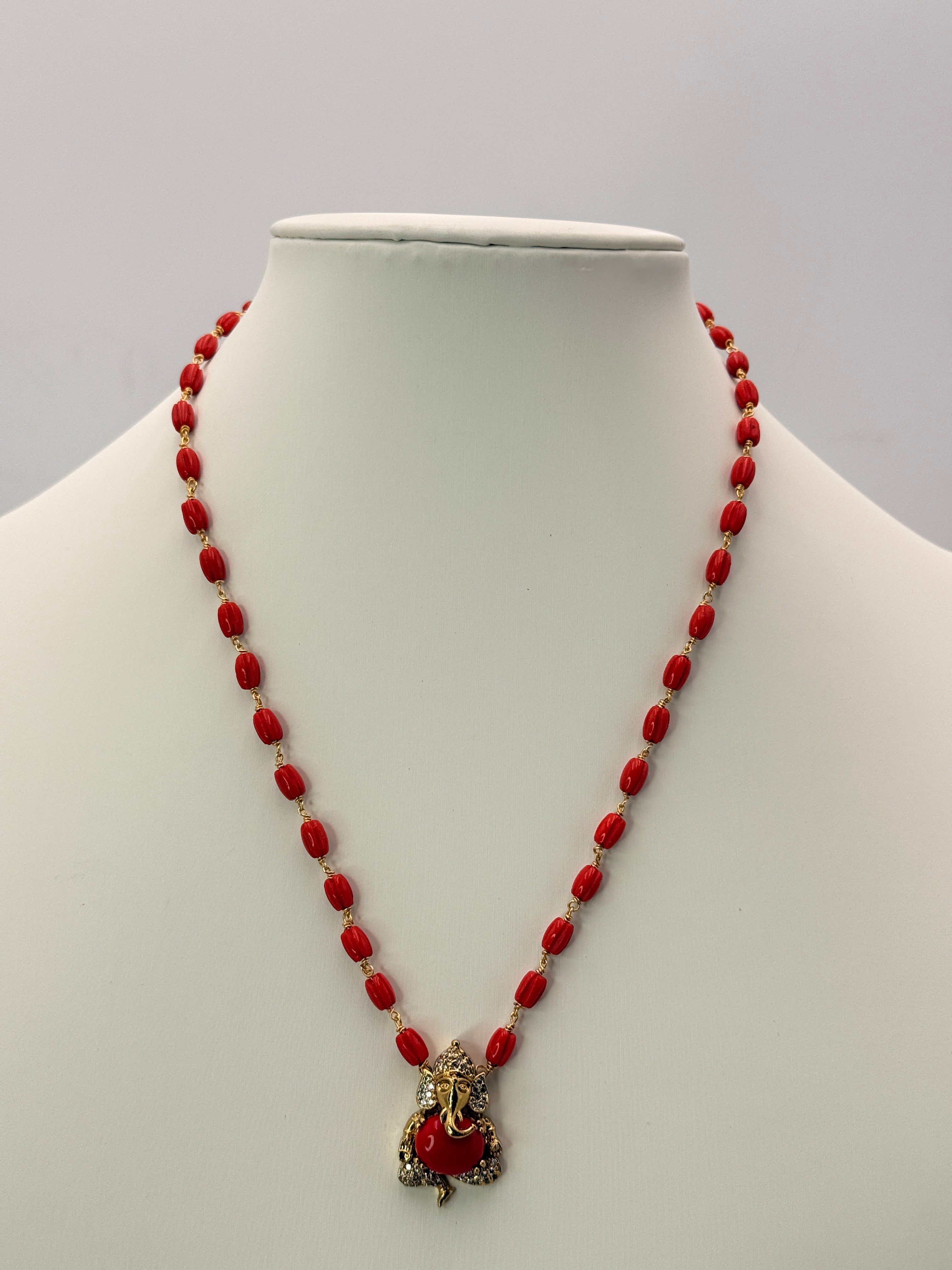 Premium Real Taiwan Coral Necklace with Coral Ganapathi Locket | Handmade Traditional Necklace | 17 Inches