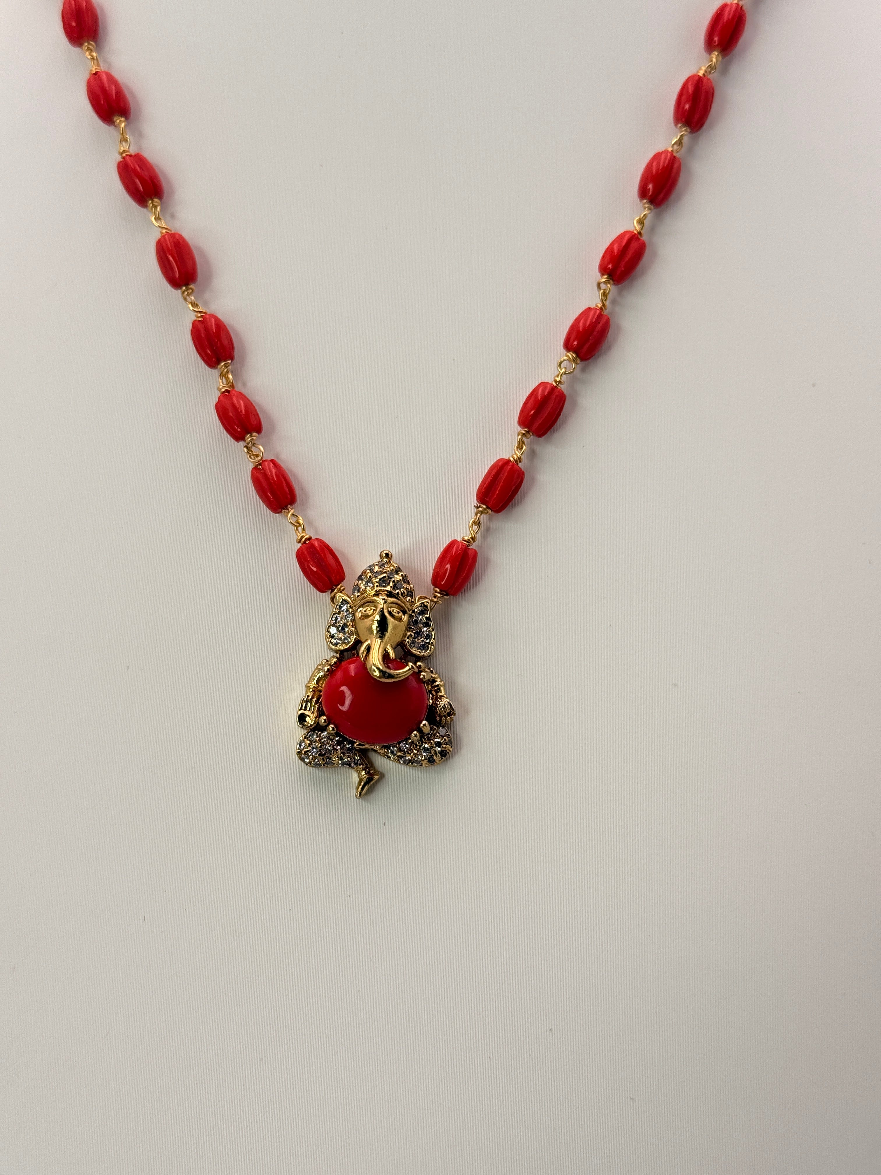 Premium Real Taiwan Coral Necklace with Coral Ganapathi Locket | Handmade Traditional Necklace | 17 Inches