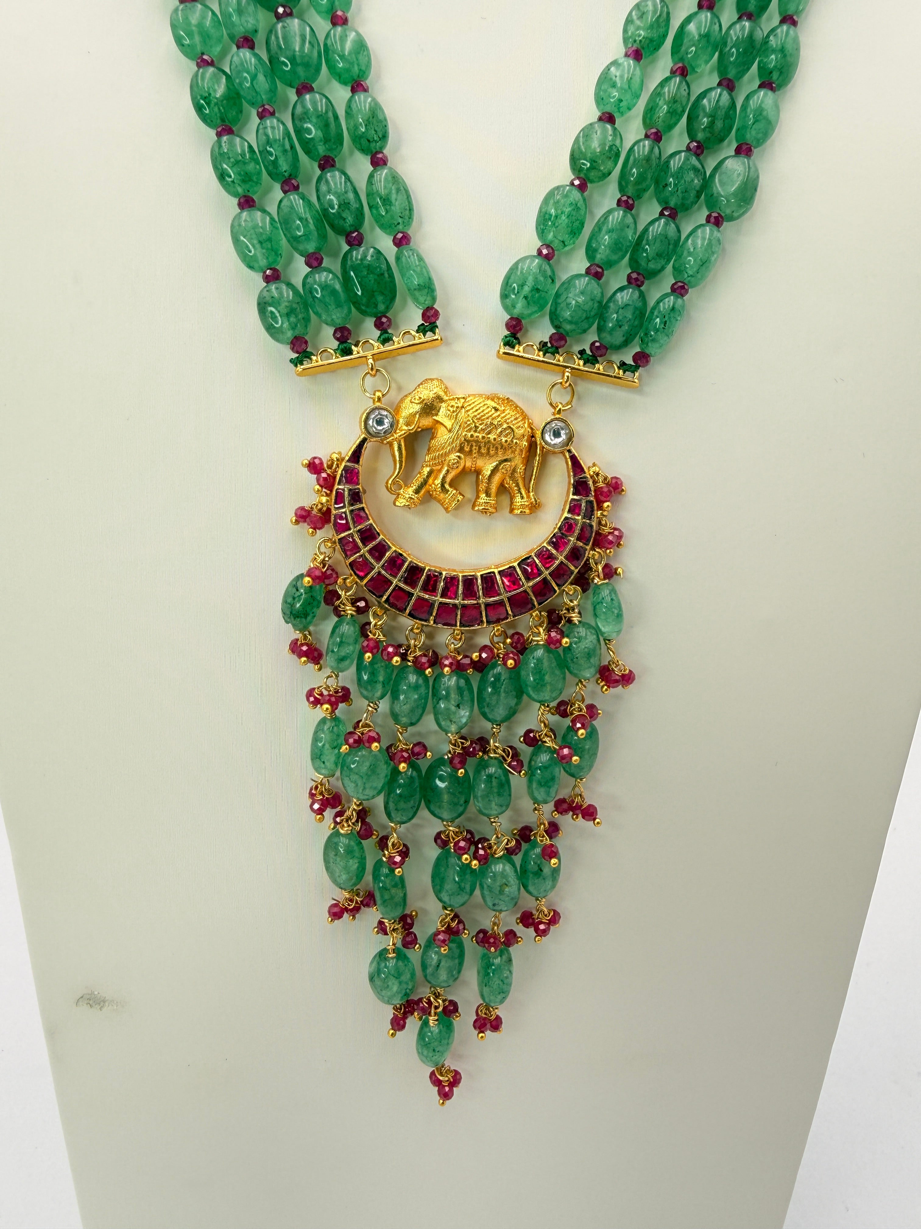 Original African Strawberry Beads with Cheetan Rubies & 74% Silver Elephant Pendant
