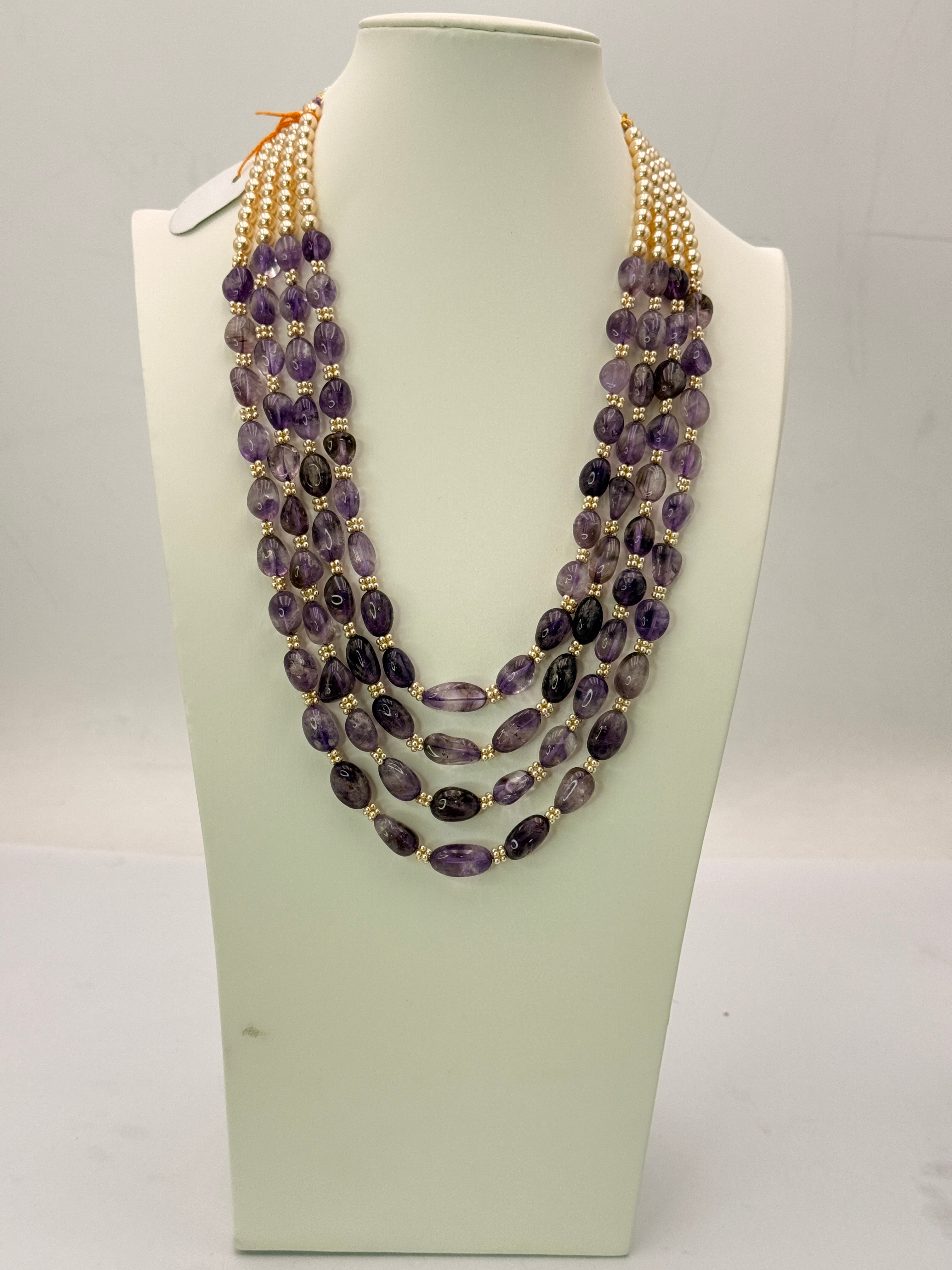 Natural Amethyst & Swarovski Pearls Handmade Necklace 22 inches