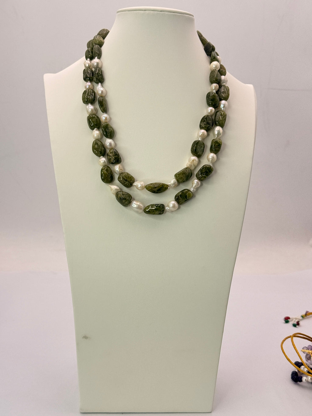 CM Revanth Reddy's Wife Inspired Natural Green Sapphire & Baroque Pearls Two-Line Customized Necklace – 18 Inches