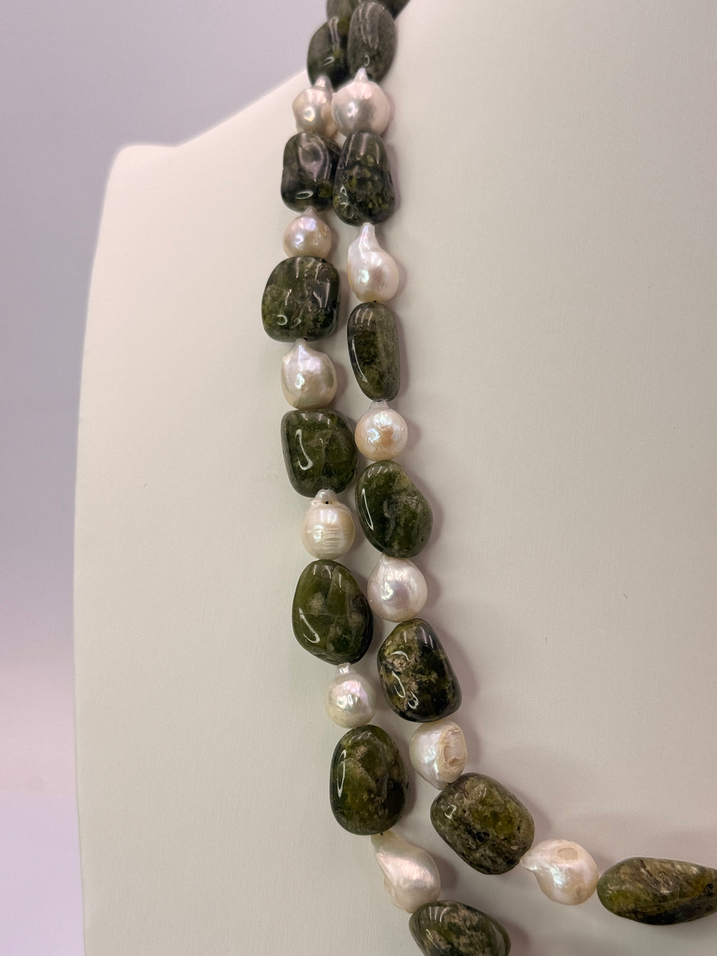 CM Revanth Reddy's Wife Inspired Natural Green Sapphire & Baroque Pearls Two-Line Customized Necklace – 18 Inches