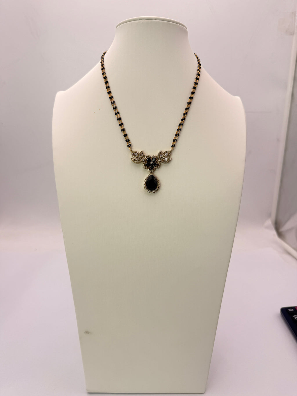 Original Black Diamond Cut Beads Necklace with Black Stone Locket – 17 Inches