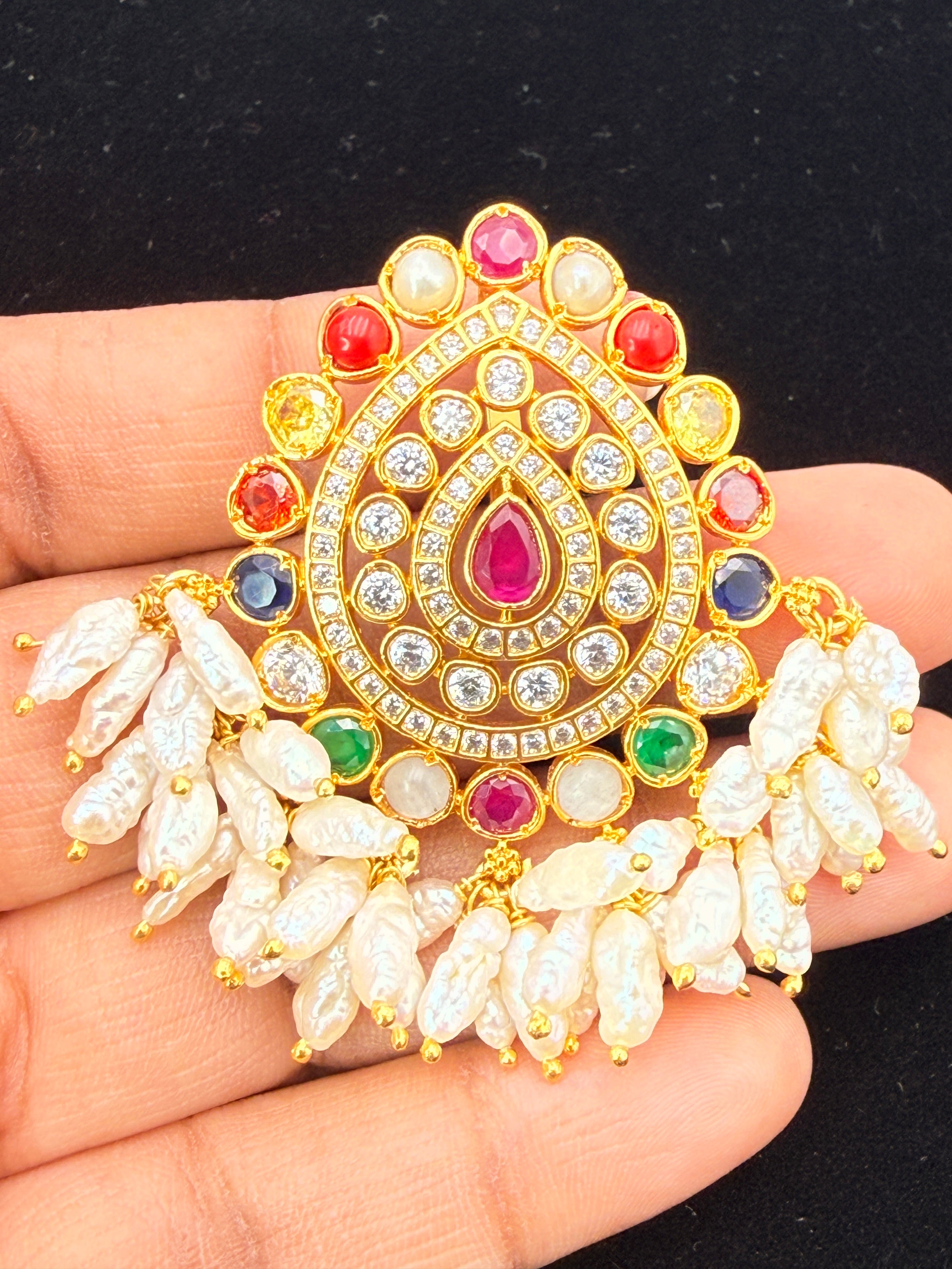 Navratna 92.5 Silver Pendant with rice pearls