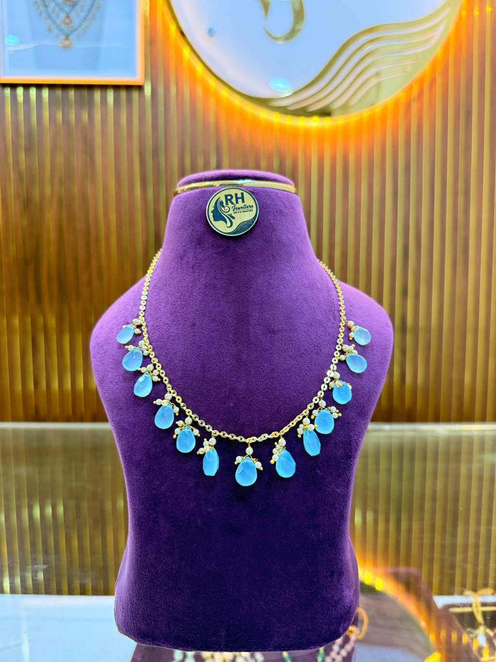 Natural Aquamarine Handmade Chandraharam – Traditional Design