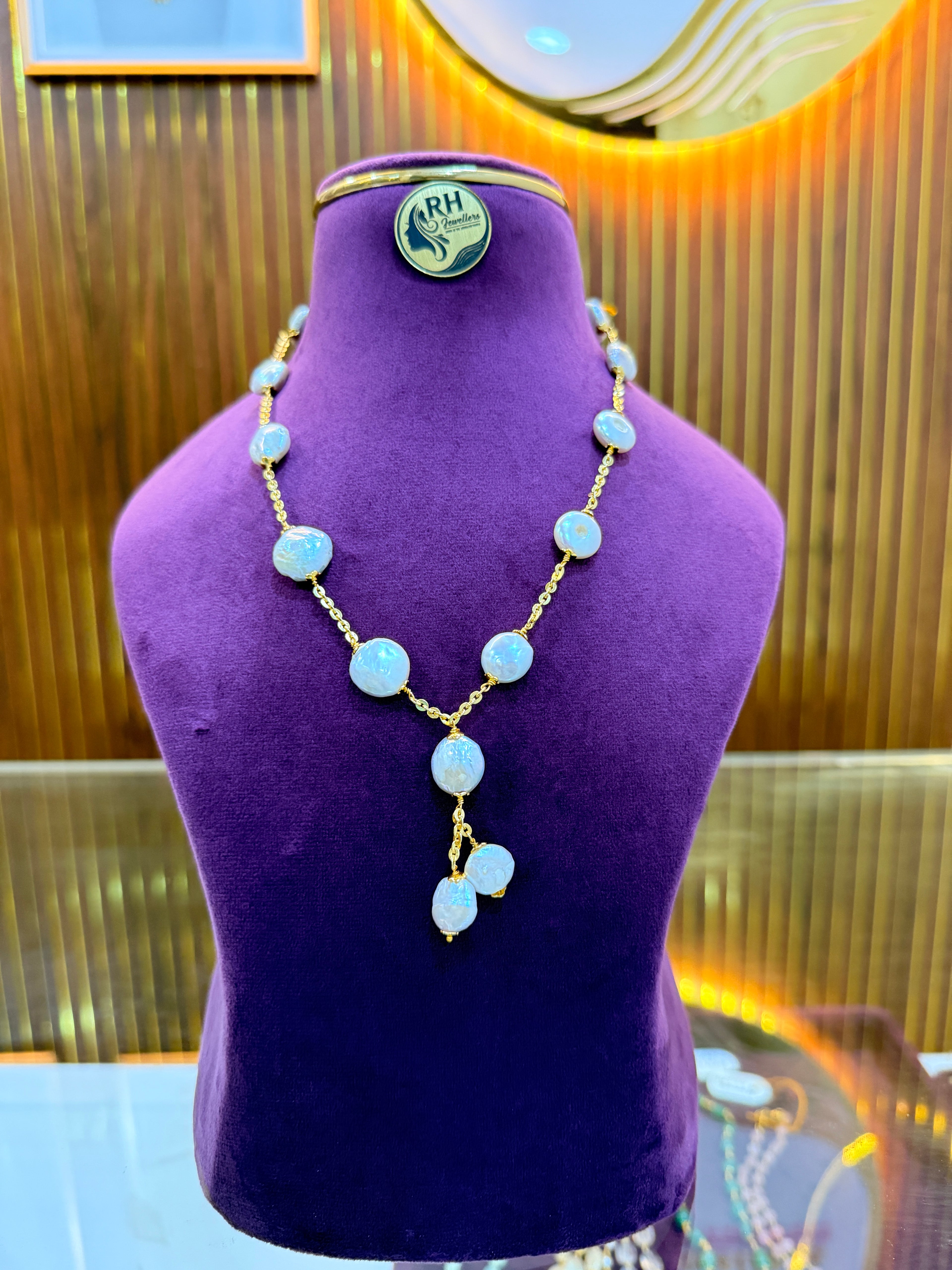 Premium Natural Freshwater Pearls Gold Mixing Kattu Thega & Chandraharam Chain